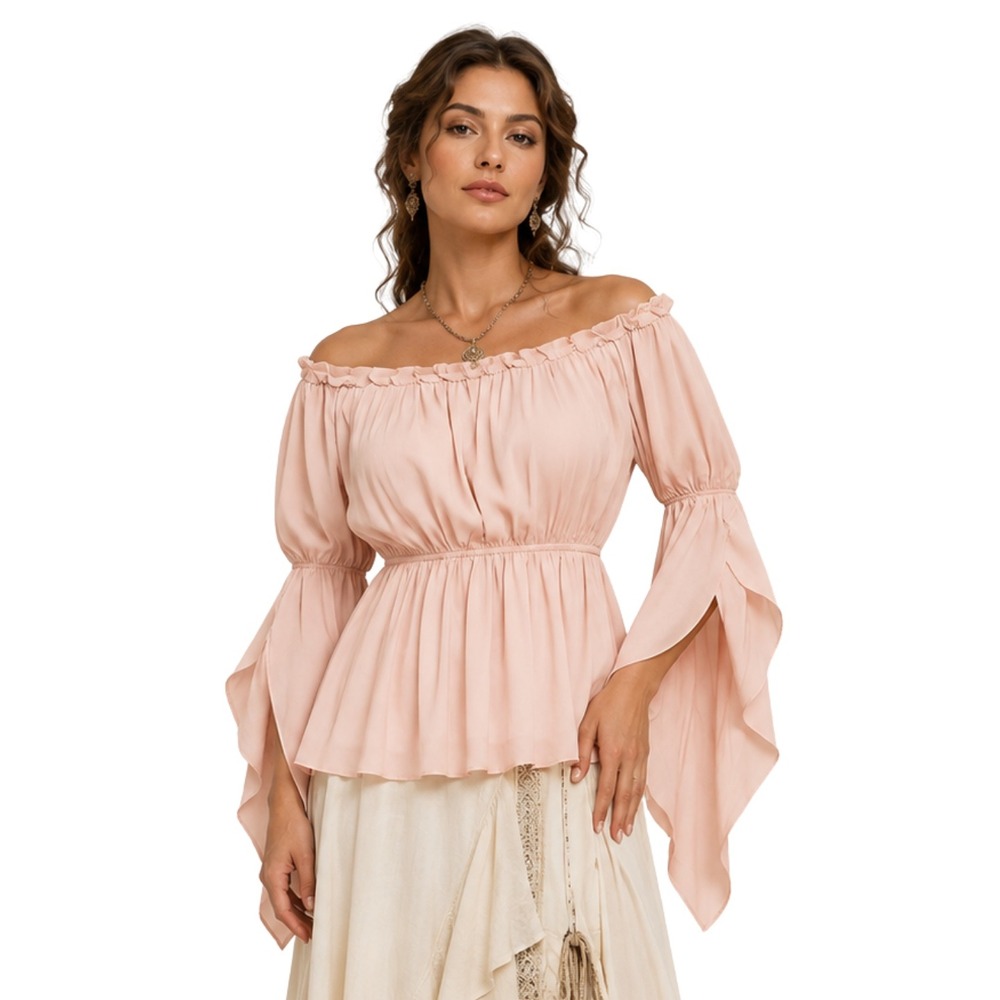 Scarlet Darkness Top 2XL Peach Pink Renaissance Off Shoulder Peplum Slit Sleeve